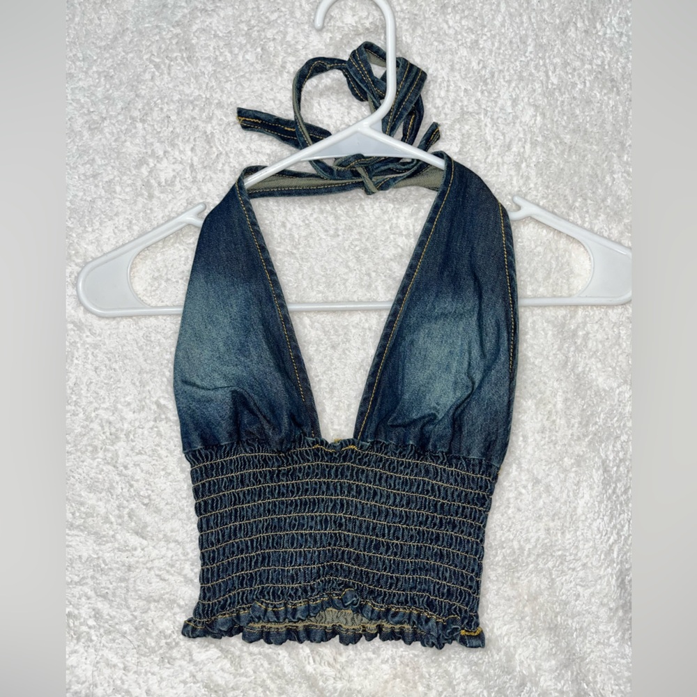 La Hearts Blue Smocked Backless Tank Top